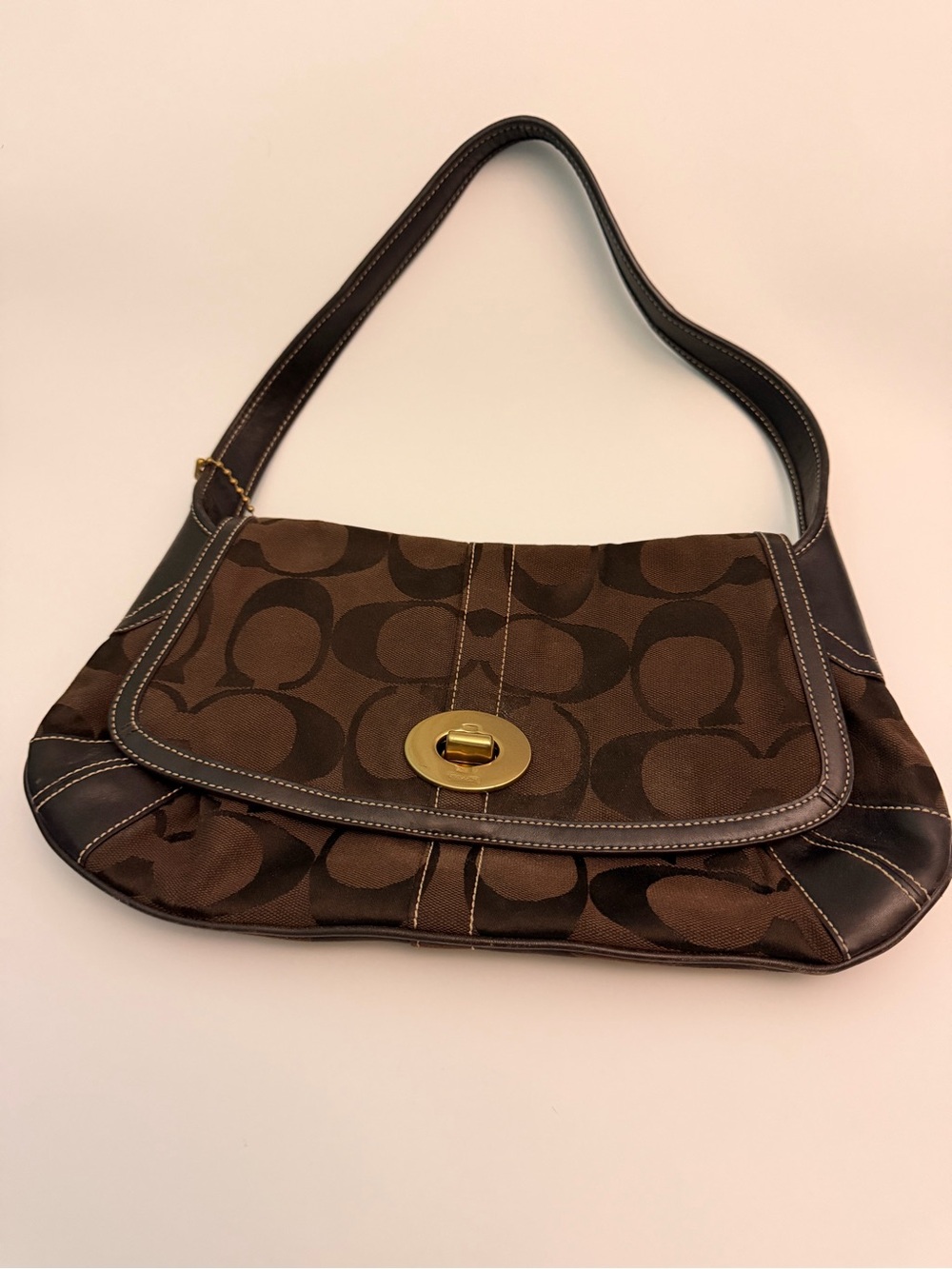 Coach Brown Signature Canvas Shoulder Bag with Gold Turnlock
